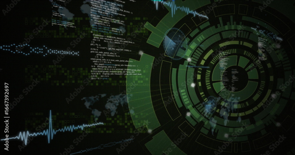 Poster displaying central green radial data interface rotating on virtual display, showing floating code