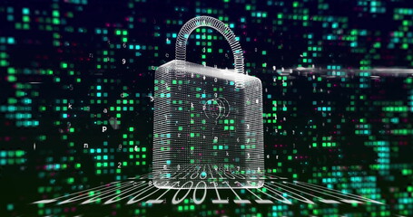 Displaying wireframe digital padlock glowing in cyberspace, with binary grid and floating squares