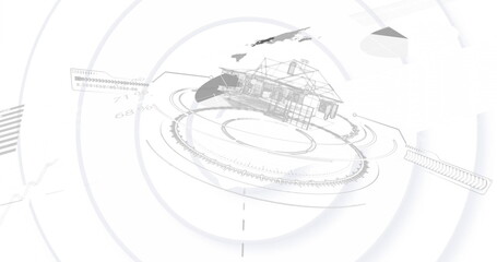 Displaying wireframe home model on digital display, showing gear-like rings and pie and bar charts