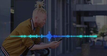 Leaning man in bomber jacket checking phone on bicycle at office, with waveform overlay, copy space
