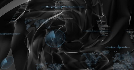 Pulsing radar-like display rotating in data interface, with code blocks, waveforms and map contours