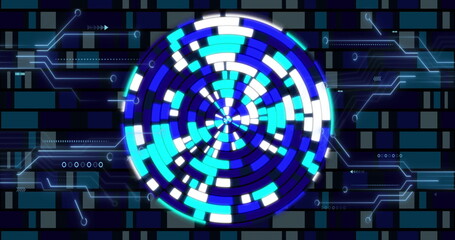 Displaying segmented data wheel rotating on grid panel, with circuit lines and arrow nodes