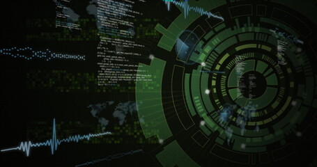 Displaying central green radial data interface rotating on virtual display, showing floating code