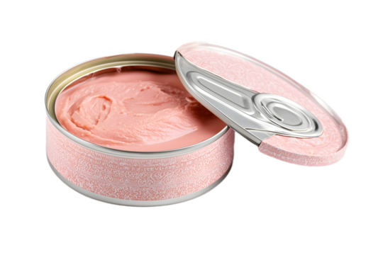 Open canned meat pate with pull tab lid isolated on white background for preserved food, protein, and grocery concept