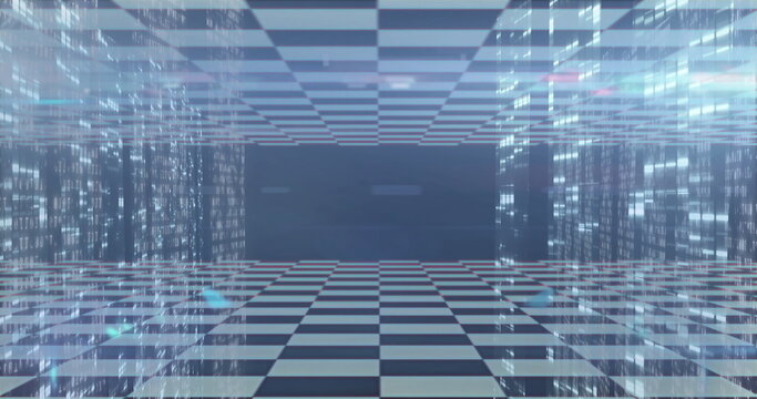 Mirrored checkered corridor receding in virtual simulation, with glowing digital code projections