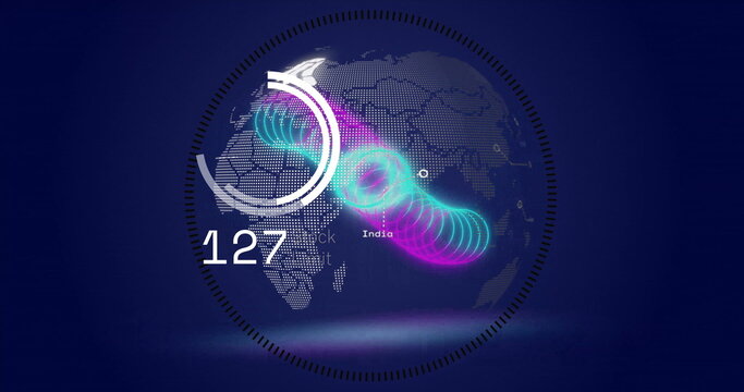 Displaying dotted globe within dashboard, with circular gauges, chart, neon wave, 127, India label