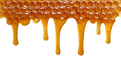 Honeycomb Dripping Golden Honey Against Transparent Background, PNG