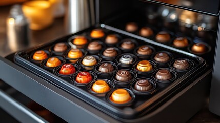 Close-up of kitchen drawer with coffee pods neatly stored in organizer