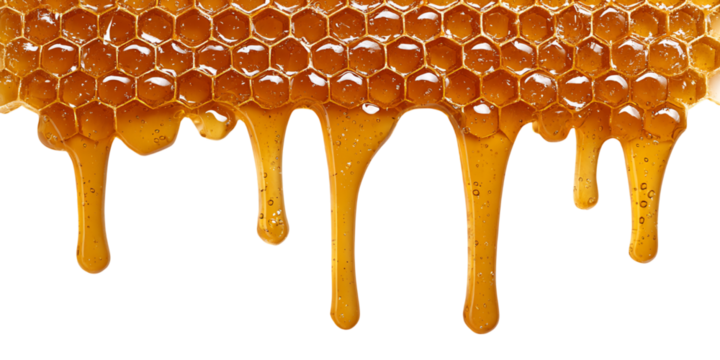 Honeycomb Dripping Golden Honey Against Transparent Background, PNG