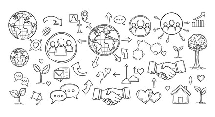 Hand-drawn sketch illustration depicting global connections, partnership and sustainability