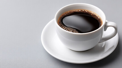 a single black coffee cup seen from above on a clean white table, minimalist drink concept,
