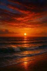Vibrant sunset over the ocean with golden sunlight reflecting on the waves and wet sand, creating a warm and inviting atmosphere on a tropical beach