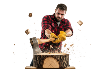 Strong muscular lumberjack in a plaid shirt chopping a log with an axe.