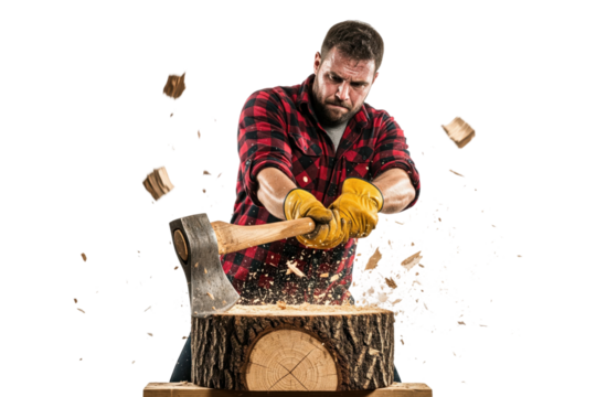 Strong muscular lumberjack in a plaid shirt chopping a log with an axe. - Powered by Adobe