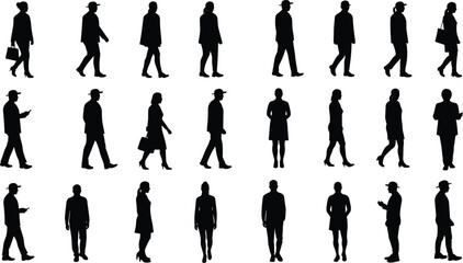Silhouettes of walking people, men and women, business lifestyle, casual fashion, standing poses, urban crowd, modern office workers, vector illustration