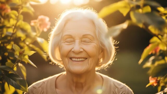 A smiling elderly woman with eyes closed, enjoying the warm sunlight in a garden.