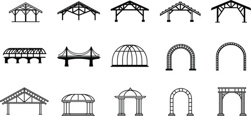 Architectural structures icon set, bridges, domes, archways, roof trusses, pavilion elements for construction, engineering, architecture, infrastructure, and design