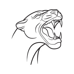 Roaring panther head line art. Fierce wild cat mascot vector outline illustration.
