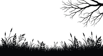 WebSilhouette grass and tree branch scene, natural wild meadow border, plant background, outdoor landscape design element, black foliage illustration