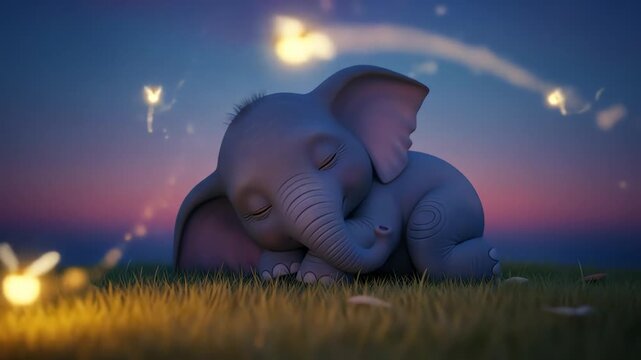 A peaceful, sleeping baby elephant rests on a grassy field at twilight, surrounded by fireflies.