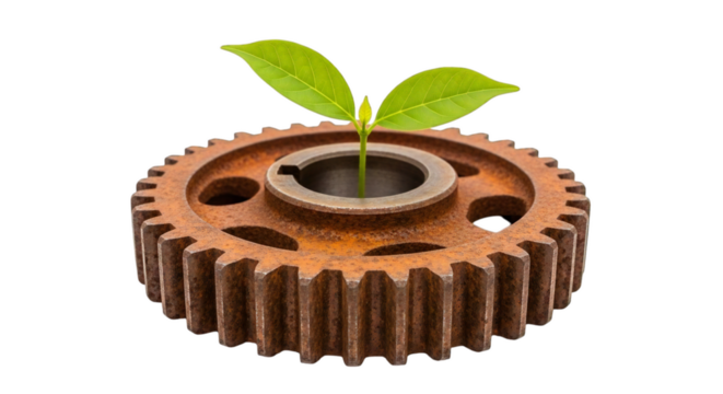 Rust meets renewal: A vibrant green sprout emerges from a weathered cog, symbolizing strength, growth, and sustainable solutions for the future