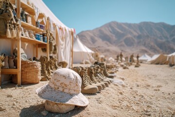 Military campsite scene showcasing equipment and gear, including a camouflage hat and boots, set against a desert landscape with tents and mountain backdrop