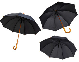 Three black umbrellas displayed for sale online, isolated on a black background. Weather Protection