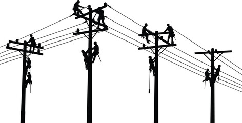 Silhouette of electrical workers climbing power poles, repairing overhead lines, maintenance crew, utility workers, electricity infrastructure, safety equipment, teamwork, energy distribution system