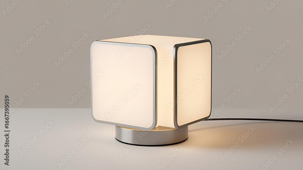 Poster modern cube lamp with a soft glow isolated on white background