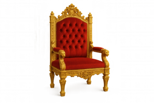Luxurious golden throne with red upholstery representing power and royalty, isolated on transparent background