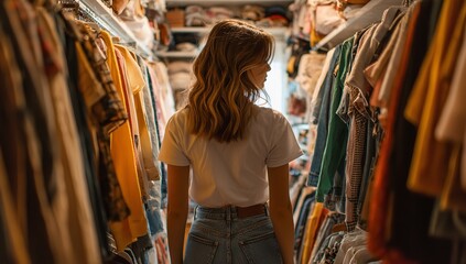 Woman in White T-Shirt and Jeans Standing in Luxury Closet – Elegant Wardrobe with Colorful Fashion Outfits