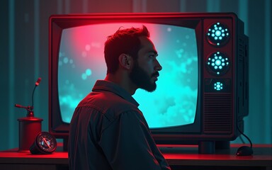 Stunning illustration of a television with a man on his head, in the style of retro-futurism, melancholic colors, dark cyan and red. Generative AI. High quality