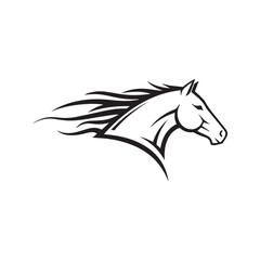 Fast running horse head logo. Stylized stallion vector icon with flowing mane.
