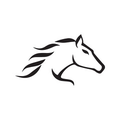 Fast running horse head logo. Stylized stallion vector icon with flowing mane.
