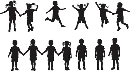 Children playing, kids silhouette, jumping kids, happy children, childhood fun, kids holding hands, group of kids, active kids, kids outdoors, joyful children