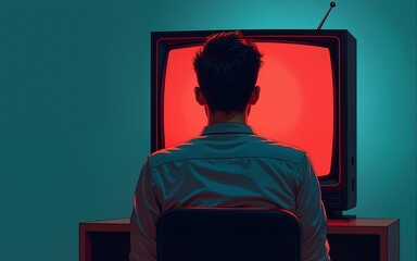 Stunning illustration of a television with a man on his head, in the style of retro-futurism, melancholic colors, dark cyan and red. Generative AI. High quality