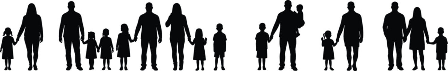 Happy diverse families, parents with children, family silhouettes, parent-child bonding, family unity, loving parents, togetherness, family love, parenthood joy, family outdoor walk