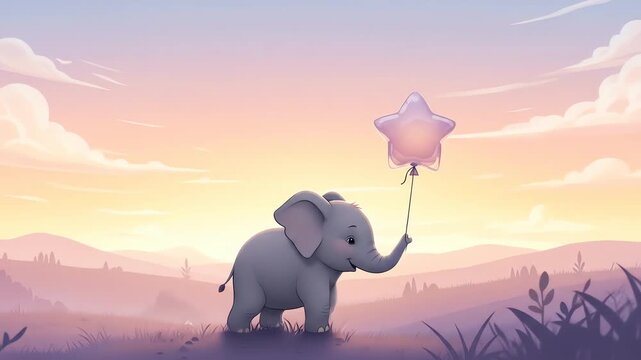 A cute baby elephant stands in a field holding a star-shaped balloon against a pastel sunset sky.
