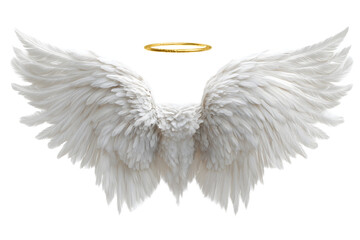 Fototapeta premium White angel wings with golden halo isolated on white background for fantasy, spiritual, and religious concept design