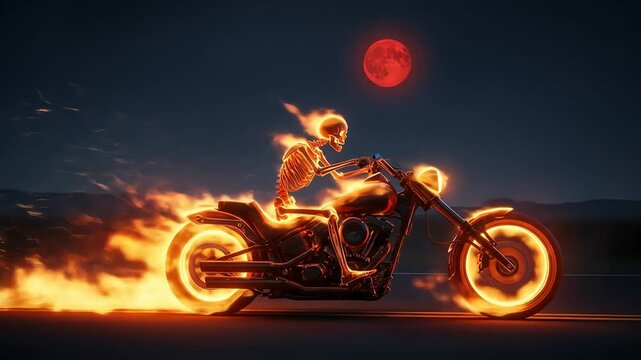 A fiery skeleton rides a motorcycle through a dark, desolate landscape under a red moon.