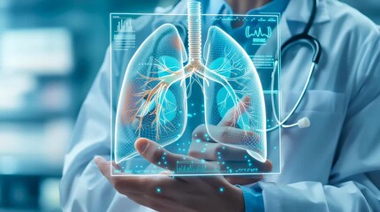 A doctor carefully examines a virtual lung x-ray projection with focused attention. The integration of advanced technology in medical diagnostics. Generative AI. - Powered by Adobe