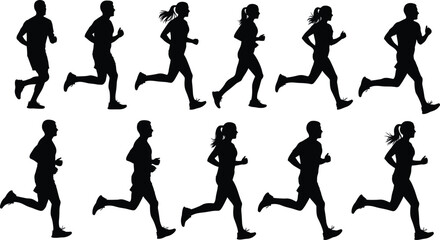 Silhouettes of men and women running, jogging exercise, outdoor fitness training, marathon athletes, workout activity, health lifestyle, sports competition