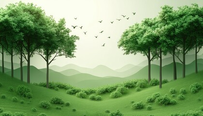 Obraz premium Green trees, hills, grass and birds create a calming landscape. Use for peaceful, natural designs to evoke serenity.