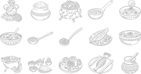 Collection of traditional Indian culinary dishes and ingredients in sketch style