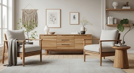 Tranquil Japandi Living Room with Sunlit Oak Furniture and Bohemian Decor.
