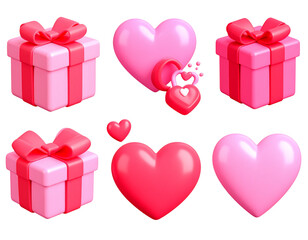 Valentine's Day gifts & hearts.  3D rendered gift boxes and hearts in pink and red, with ribbon bows