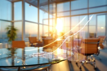 Modern office interior with glass conference table and financial growth graph overlay, showcasing innovative workspace design and professional environment at sunset