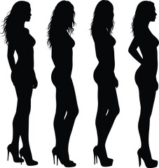 Silhouettes of women standing in high heels, fashion pose, elegance, beauty, body shape, female model, style, glamour, confidence