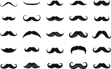 Collection of twenty five classic and vintage mustache styles drawn in a textured black and white illustration on a white background