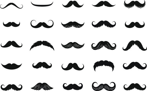 Collection of twenty five classic and vintage mustache styles drawn in a textured black and white illustration on a white background
